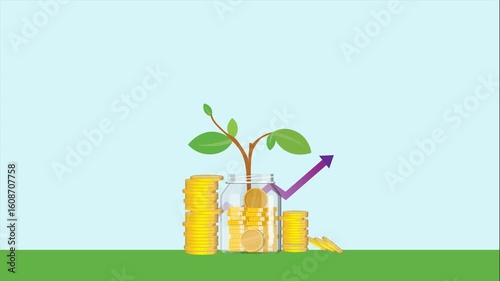 Financial Growth Concept with Money Plant and Coin Stacks in a Jar