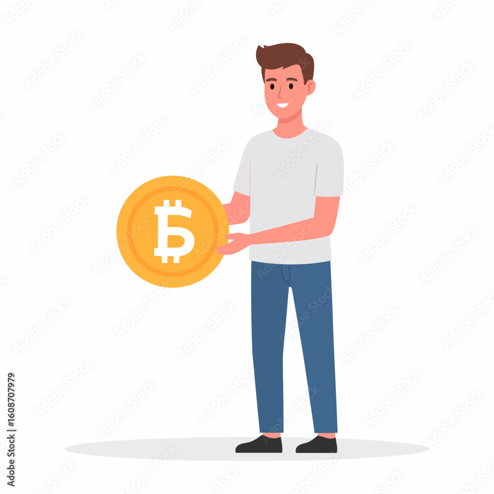 A smiling man holding a large golden Bitcoin coin, showcasing cryptocurrency. A smiling man holding a large golden Bitcoin coin, showcasing cryptocurrency.