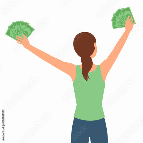 A woman joyfully raises two fans of green banknotes in celebration of financial success and wealth.