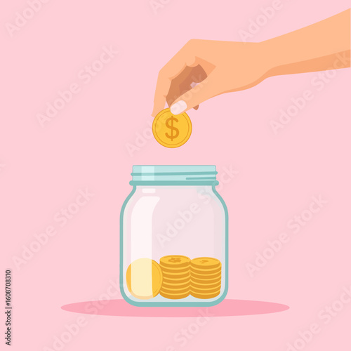 A hand is depositing a gold coin with a dollar sign into a glass jar containing stacked coins, symbolizing saving and financial growth.