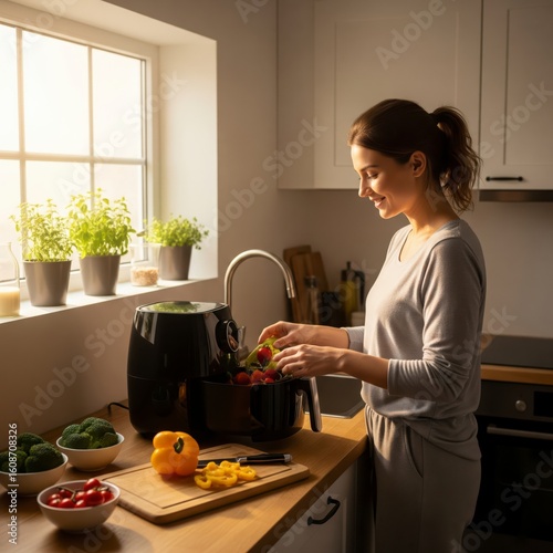 A woman enjoys a healthy lifestyle, cooking colorful vegetables in an air fryer for a quick, easy, and nutritious meal at home

