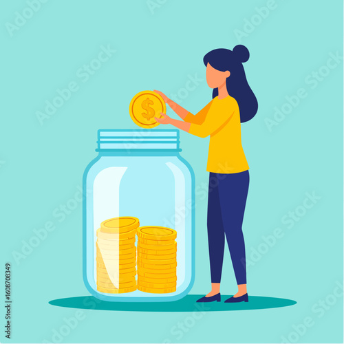 A woman is putting a gold coin into a large glass jar, symbolizing savings and financial planning.
