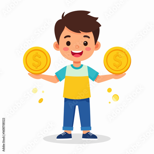 A cheerful cartoon boy proudly holds two large golden dollar coins in his hands.