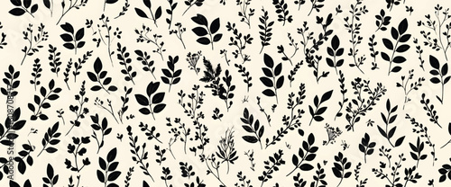 Seamless leopard fur texture with floral and butterfly vector pattern design in black silhouette style