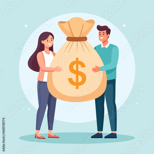 A smiling couple joyfully holds a large money bag with a dollar sign, symbolizing wealth and financial success together.