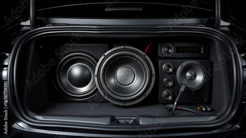 Car audio system on a black background.Subwoofer.