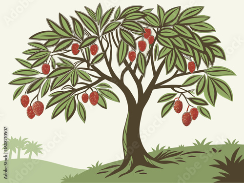 Vector illustration of an apple tree with red berries, perfect for spring or summer nature designs