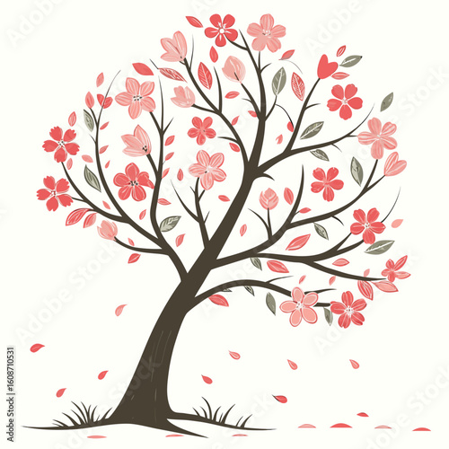 Tree with pink hearts and flowers vector illustration