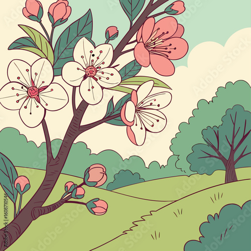 Spring apple tree with pink flowers and butterflies