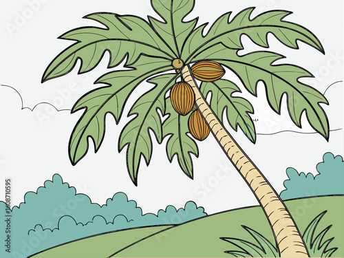 Tropical island paradise with palm trees and a sunny beach, an exotic summer vacation illustration