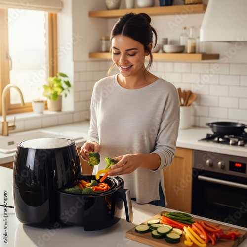 A woman enjoys a healthy lifestyle, cooking colorful vegetables in an air fryer for a quick, easy, and nutritious meal at home
