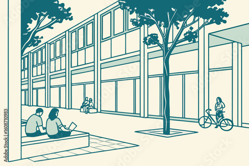 Utrecht University library courtyard with students studying outdoors, bikes parked along the walls, and trees swaying in the breeze, modern flat illustration style