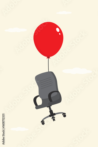Vacancy chair, human resources, HR recruitment concept, office chair flying in the air with balloon. We are hiring. Offer for job seekers or applicants.
