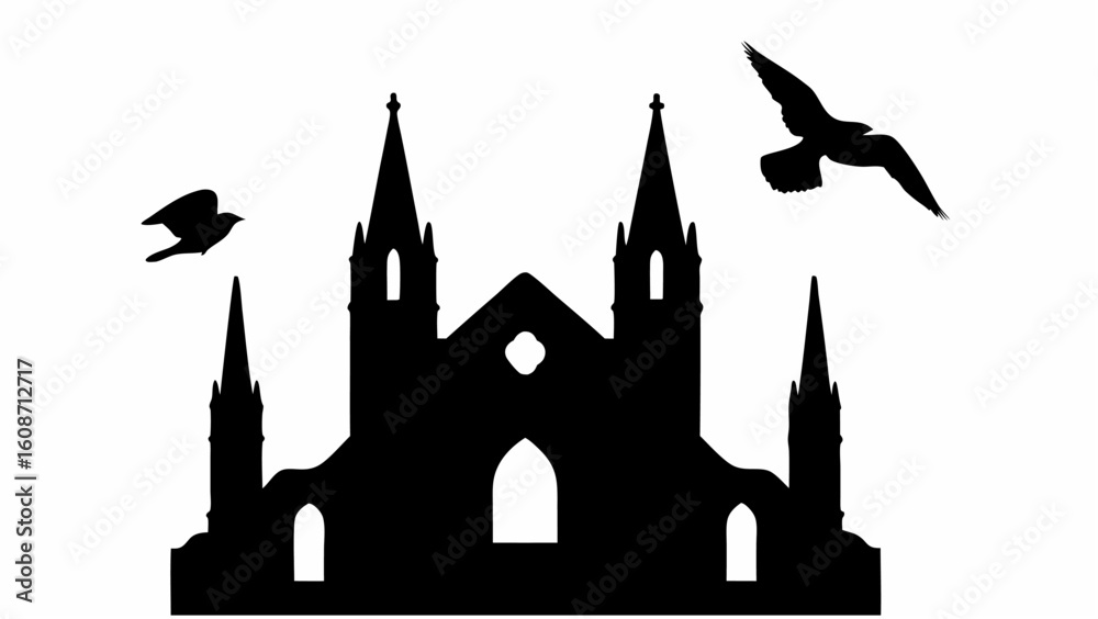 Fototapeta premium Silhouette of a gothic cathedral with tall spires and birds flying around it in a monochrome image style