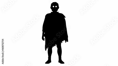 Silhouette of a ghostly figure with glowing eyes wearing tattered clothing standing on a white background