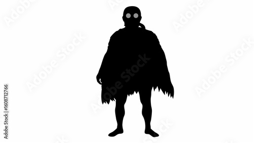 Silhouette of a figure wearing a gas mask and tattered cloak standing on a white background space for text