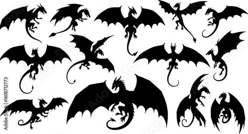 a variety of dragon silhouettes, mythical creatures, black color, vector

