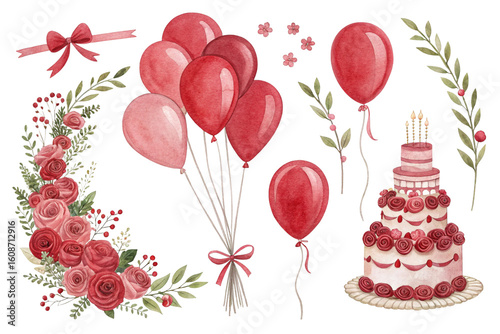 Watercolor illustration. Celebration concept. Balloons. Cake. Bright light Red. Red. White background. Cut out.