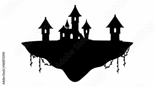 Silhouette of a castle with multiple towers on a floating island with hanging vines and a white background