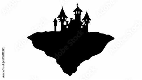 Silhouette of a fantasy castle with towers and spires perched atop a floating island in black and white