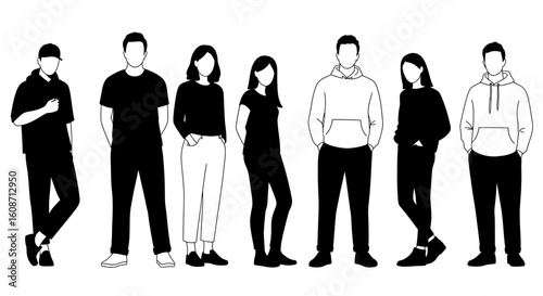 Diverse group of people standing together in a simple silhouette