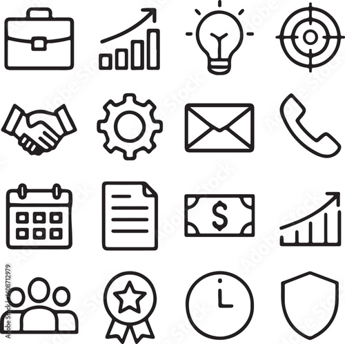 A versatile set of black vector web icons for business, communication, and social media, ideal for website and mobile app design