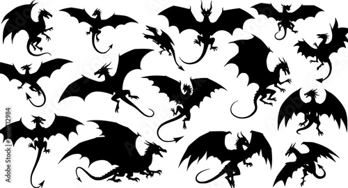 a variety of dragon silhouettes, mythical creatures, black color, vector

