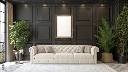 Luxurious living room with dark paneled wall and vertical blank frame above a cream sofa, framed by lush indoor plants.