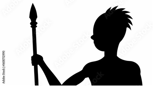 Silhouette of a person holding a spear with a unique hairstyle standing in a black and white image