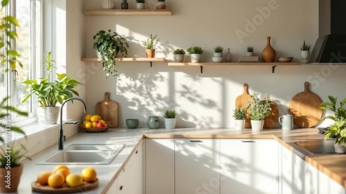 Bright modern kitchen filled with plants, natural light streams through window
