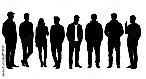 Diverse group of people standing together in silhouette style silhouette