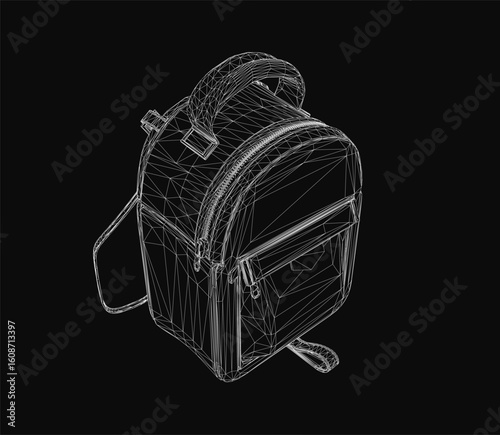 Stylish backpack wireframe model on a black background, showcasing realistic 3D design details. The mesh structure highlights the bag's shape and contours. Perfect for tech, fashion.