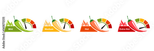 Red pepper heat meter vector set with hot spicy level indicators for sauce labels or menu stickers includes cayenne chili jalapeno icons and spice symbols in flat style illustration