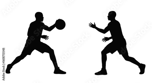 Basketball Players Passing the Ball Silhouette Style on White Background