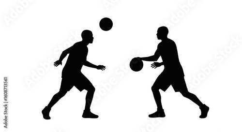 Two Basketball Players Passing and Dribbling the Ball Silhouette