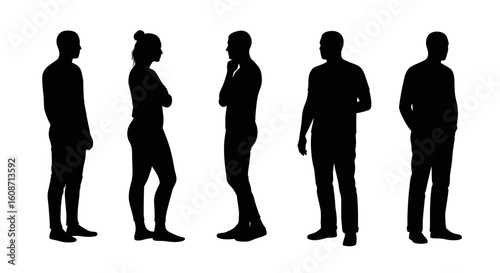 Three people standing in a group conversation silhouette
