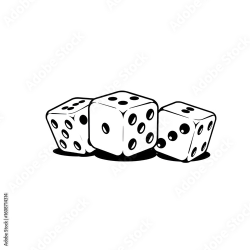 Minimalist black-and-white illustration of three dice. Ideal for themes of gaming, luck, and fun.