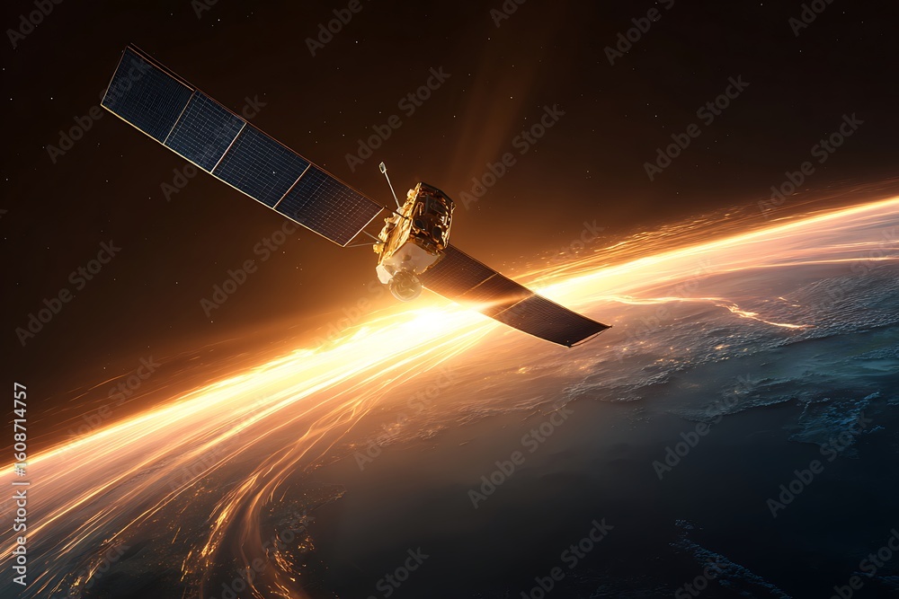 Obraz premium Satellite Orbiting Earth During A Rare Solar Flare Event, Intense Golden Plasma Waves Visible In Deep Space Behind, Earth'S Glowing Atmosphere Seen Below With Perfect Clarity, Cinematic Co