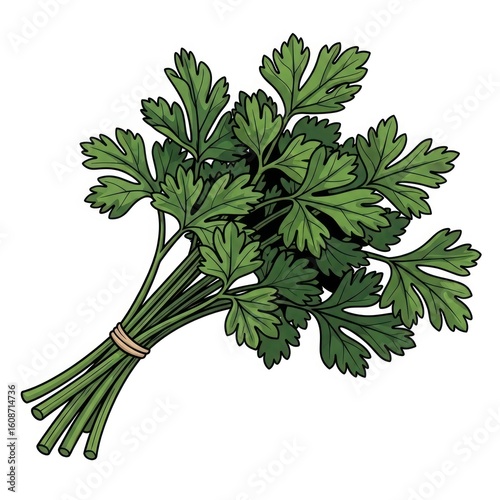 A bunch of fresh, vibrant green parsley, tied together with a light brown band.