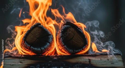 Two logs ablaze with bright orange flames and wisps of smoke, resting on a wooden surface.