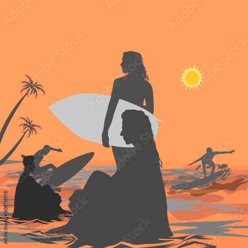 surfers on the beach with sunset sea