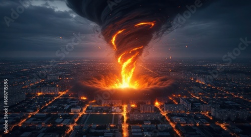 A fiery tornado descends upon a city, causing destruction and chaos with its intense energy.