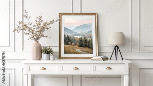 Refined desk or shelf setup with a landscape poster placeholder, floral decor, and minimalist editorial styling.