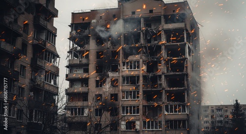 Burning apartment building, ravaged by conflict, showing extensive fire damage and destruction.