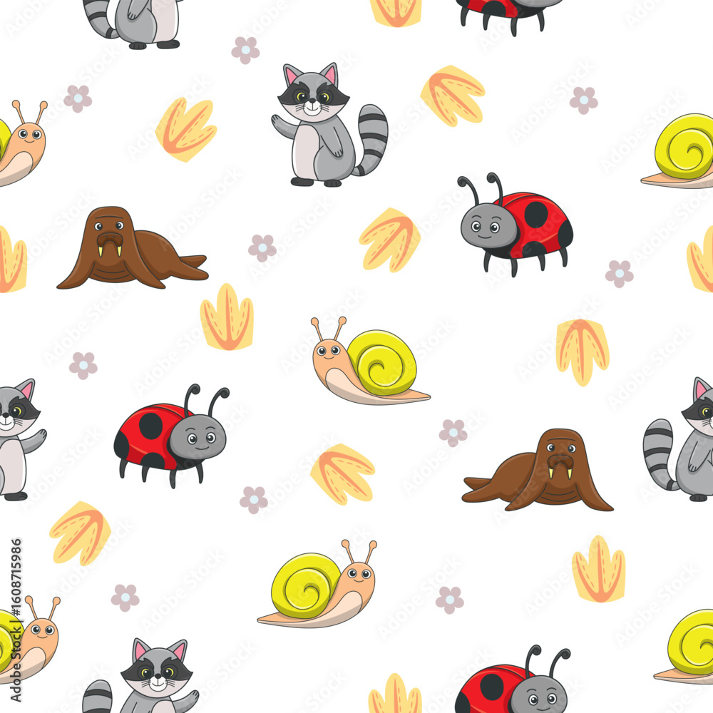 Obraz premium Cute wild animals seamless pattern for baby shower decor, nursery print, kindergarteen wallpaper, fabric, and textile. Vector illustration