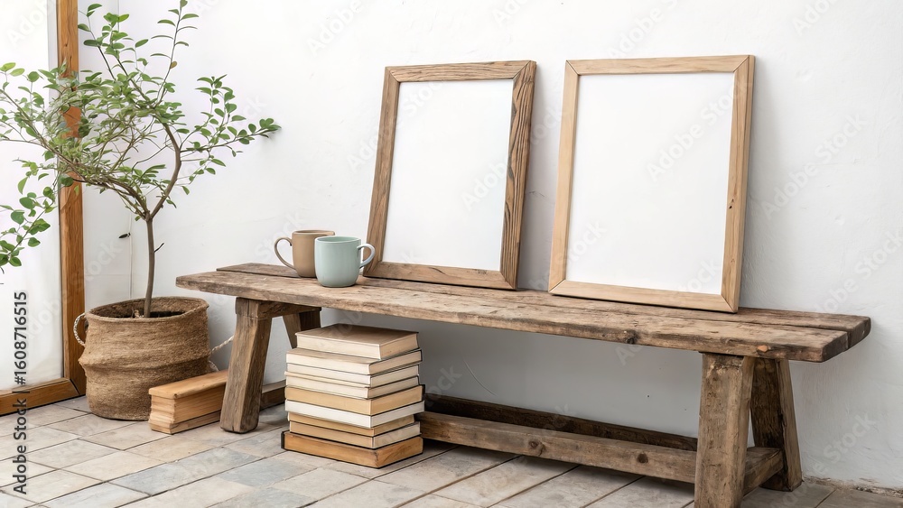 Fototapeta premium Natural home vignette featuring two blank frames on a rustic bench, styled with books and ceramic for a relaxed mood.