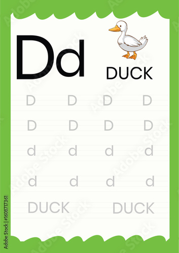 A worksheet showing the letter d with uppercase and lowercase versions and a duck illustration