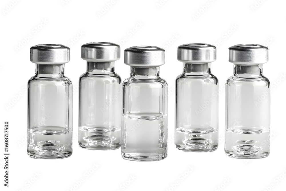 Five medical glass vials with liquid isolated on transparent background Five medical glass vials with liquid isolated on transparent background