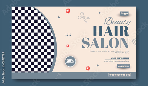 Elegant Hair Salon Promotion Template with Checkerboard Design and Discount Offer
