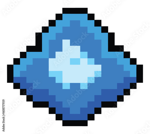 A vibrant blue pixel art diamond shape with a bright white glowing center reminiscent of a digital gem or a retro video game power up